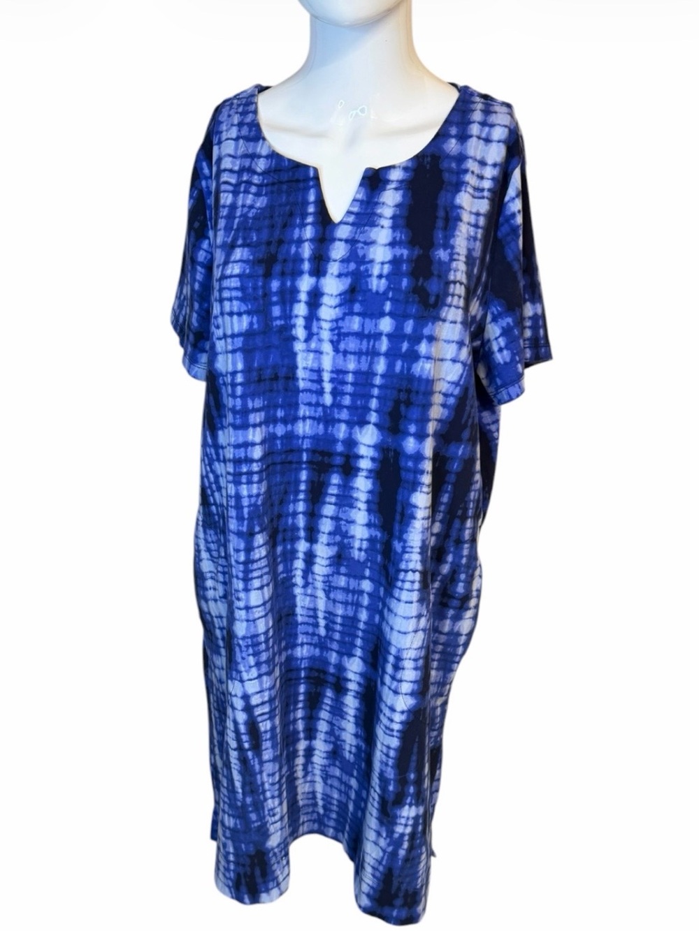 Ellen Tracy Blue Tie-Dye Notch-Neck Midi Dress